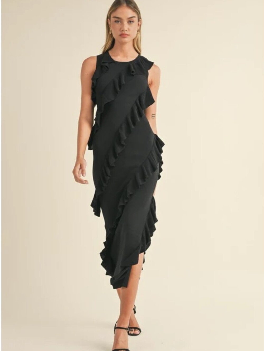 Mable Black Knit Ruffled Maxi Dress Bodycon Side Slit Asymmetric Sleeveless Sz S